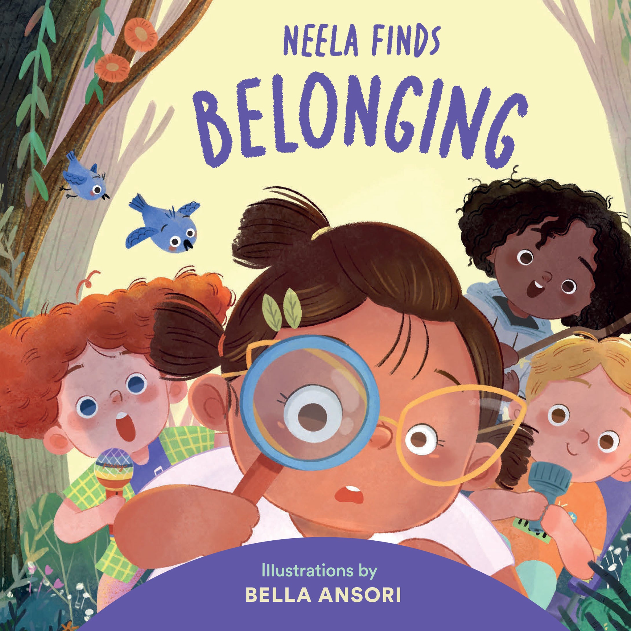 Board book cover for Neela Finds Belonging featuring Neela, the main character, and her three friends
